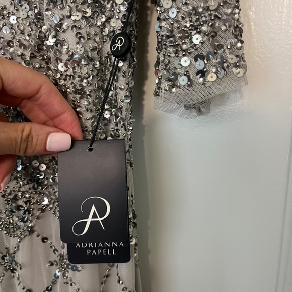 Adrian Papell Fully Beaded Godet Gown with Sheer Sleeves - Picture 5 of 11